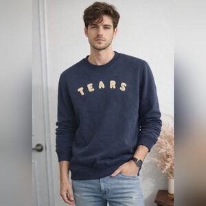 Zara Navy Crewneck Sweatshirt with Beige 'TEARS' Applique